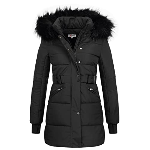 Elara Damen Steppjacke Winterjacke Kunstfellkragen Schwarz Chunkyrayan EL-JA02 Black/Black-34 (XS) von Elara