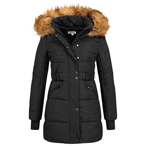 Elara Damen Steppjacke Winterjacke Kunstfellkragen Schwarz Chunkyrayan EL-JA02 Black/Natur-34 (XS) von Elara