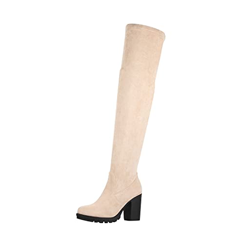 Elara Damen Stiefel Overknee High Heels Absatz Chunkyrayan E4835 Beige-38 von Elara