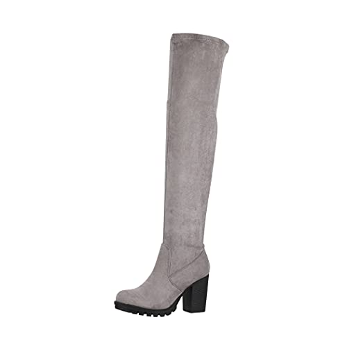 Elara Damen Stiefel Overknee High Heels Absatz Chunkyrayan E4835 Grey-36 von Elara