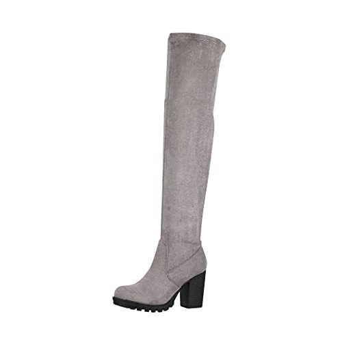 Elara Damen Stiefel Overknee High Heels Absatz Chunkyrayan E4835 Grey-39 von Elara