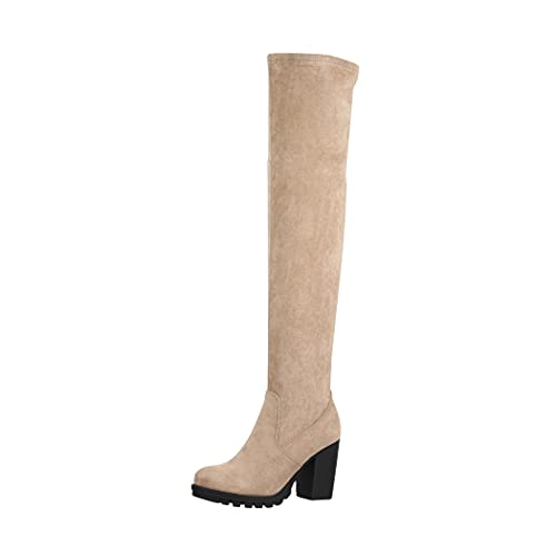 Elara Damen Stiefel Overknee High Heels Absatz Chunkyrayan E4835 Khaki-42P von Elara