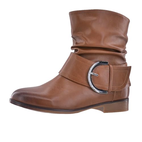 Elara Damen Stiefelette Gefüttert Schnallen Boots Chunkyrayan B9815-KB Camel-39 von Elara
