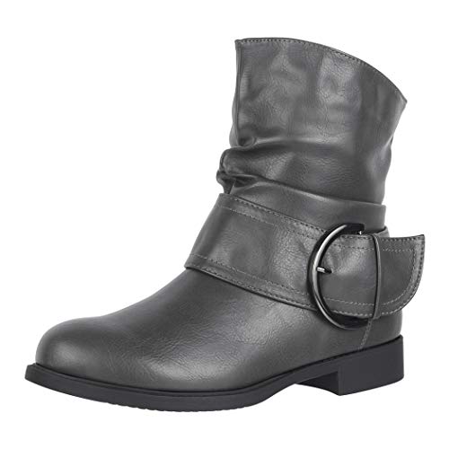 Elara Damen Stiefelette Gefüttert Schnallen Boots Chunkyrayan B9815-KB Grey-38 von Elara