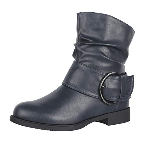 Elara Damen Stiefelette Gefüttert Schnallen Boots Chunkyrayan B9815-KB Navy-40 von Elara