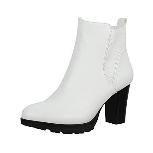 Elara Damen Stiefeletten Ankle Boots Chunkyrayan BZ66019-KB White-39 von Elara