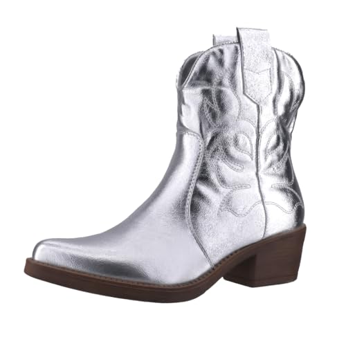 Elara Damen Stiefeletten Cowboy Boots Chunkyrayan 301-A31 Silver PU-38 von Elara