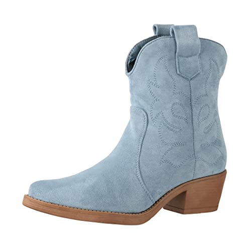 Elara Damen Stiefeletten Cowboy Boots Chunkyrayan 301-A31S Blau-38 von Elara