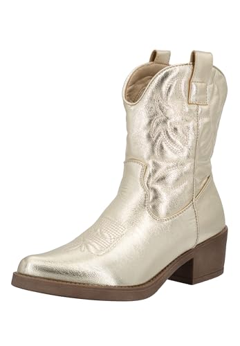 Elara Damen Stiefeletten Cowboy Boots Chunkyrayan DES952P Golden PU 39 von Elara