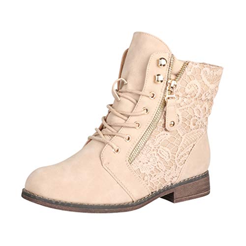 Elara Damen Stiefeletten Worker Boots Spitze Chunkyrayan B9812-KB-Beige-38 von Elara