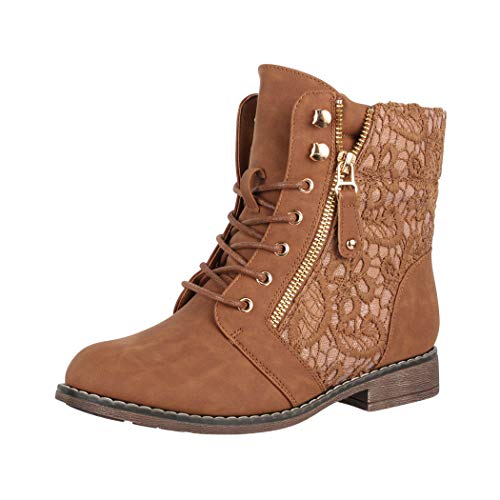 Elara Damen Stiefeletten Worker Boots Spitze Chunkyrayan B9812-KB Camel-37 von Elara