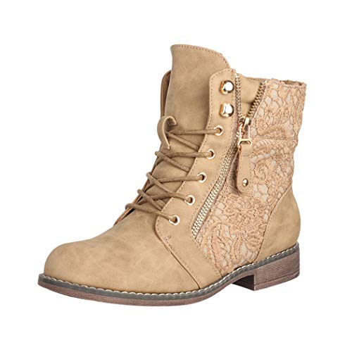 Elara Damen Stiefeletten Worker Boots Spitze Chunkyrayan B9812-KB-Khaki-40 von Elara