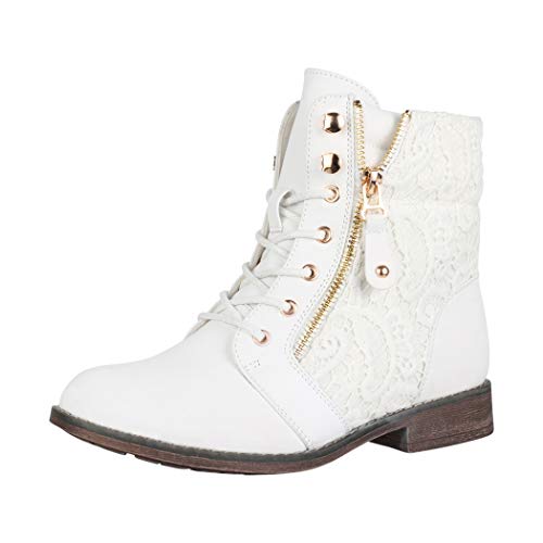 Elara Damen Stiefeletten Worker Boots Spitze Chunkyrayan B9812-KB-Weiss-40 von Elara