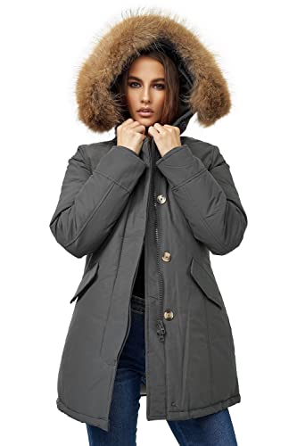 Elara Damen Winterparka Echt Fell Jacke Mantel Chunkyrayan XH227-7 Dunkelgrau 42/XL von Elara