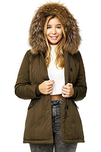 Elara Damen Winterparka | Jacke mit Echt Pelz / Echt Fell Kapuze | Designer Damenjacke | Gefütterte Outdoor Mantel | chunkyrayan, Größe 42, Farbe Marine Grün von Elara