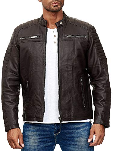 Elara Herren Echtlederjacke Biker Look Dunkelbraun Chunkyrayan 70015 Brown-44 (S) von Elara