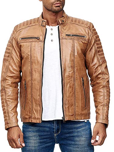 Elara Herren Echtlederjacke Biker Look Hellbraun Chunkyrayan 70015 Camel-54 (3XL) von Elara