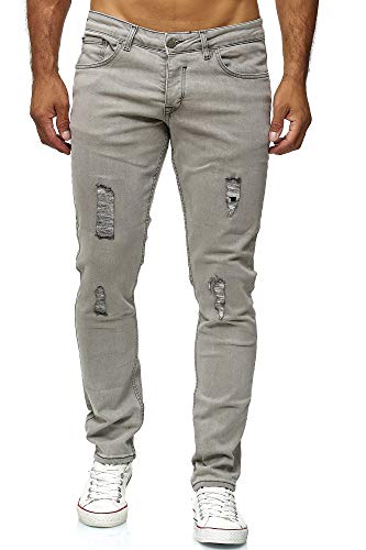 Elara Herren Jeans Destroyed Slim Fit Hose Denim Stretch Chunkyrayan 16525-Grau-32W / 36L von Elara