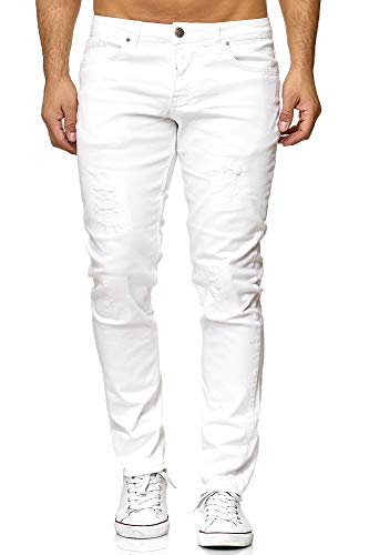 Elara Herren Jeans Destroyed Slim Fit Hose Denim Stretch Chunkyrayan 16525-Weiss-31W / 32L von Elara