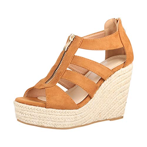 Elara Jumex Damen Sandalette Keilabsatz Plateau Chunkyrayan HL82221 Camel-38 von Elara