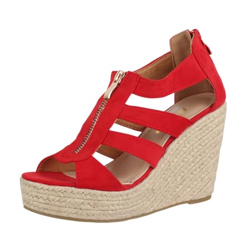 Elara Jumex Damen Sandalette Keilabsatz Plateau Chunkyrayan TH82221-Rot-39 von Elara