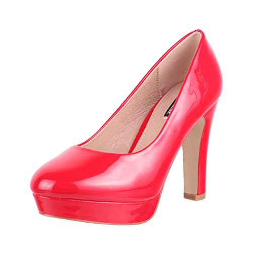 Elara Damen Pumps Plateau High Heels Chunkyrayan 7263-GL Red-39 von Elara