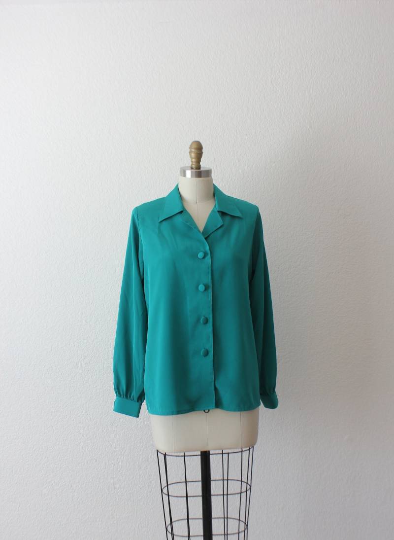 Smaragdgrüne Sekretärin Kragen Langärmelige Bluse von ElasVintageFinds