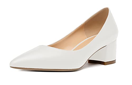 Elahse Damen 5cm Blockabsatz Pumps, Spitze Zehen Niedriger Absatz Schuhe, Klassische Ohne Verschluss Hochzeit Abend Pumps Matt Weiß EU39 von Elashe