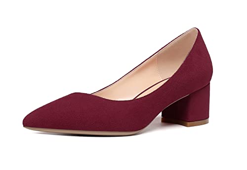 Elahse Damen 5cm Blockabsatz Pumps, Spitze Zehen Niedriger Absatz Schuhe, Klassische Ohne Verschluss Hochzeit Abend Pumps Wildleder BurgundEU41 von Elashe