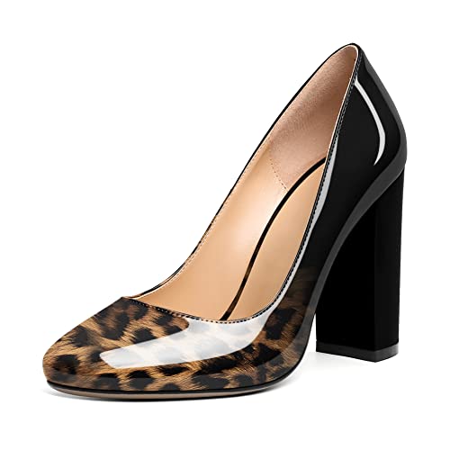 Elashe Damen 10 cm Blockabsatz Runde Zehe Slip-On Pumps Mattleder Vielseitig für Hochzeiten Gala Casual Arbeit Trendige Damen High Heels Leopard Schwarz EU42 von Elashe