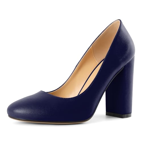 Elashe Damen 10 cm Blockabsatz Runde Zehe Slip-On Pumps Mattleder Vielseitig für Hochzeiten Gala Casual Arbeit Trendige Damen High Heels Matte Marineblau EU42 von Elashe