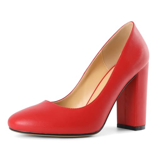 Elashe Damen 10 cm Blockabsatz Runde Zehe Slip-On Pumps Mattleder Vielseitig für Hochzeiten Gala Casual Arbeit Trendige Damen High Heels Mattrot EU42 von Elashe