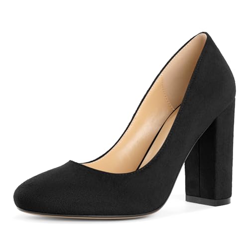 Elashe Damen 10 cm Blockabsatz Runde Zehe Slip-On Pumps Mattleder Vielseitig für Hochzeiten Gala Casual Arbeit Trendige Damen High Heels Wildleder Schwarz EU42 von Elashe