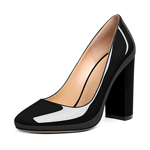 Elashe Damen 10 cm Blockabsatz Slip-On Pumps Runde Zehe Mattleder Großartig für Hochzeiten Gala Casual Arbeit Modische Damen High Heels Lack Schwarz EU38 von Elashe