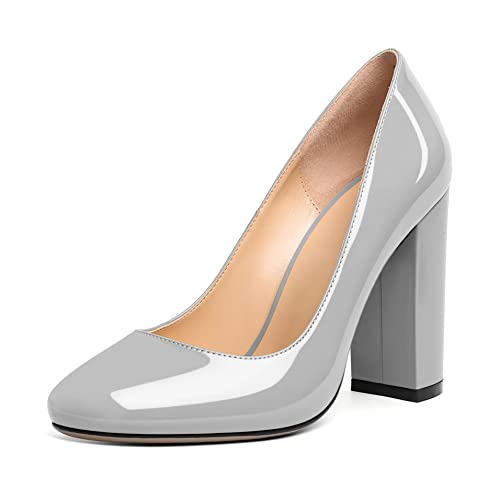 Elashe Damen 10 cm Blockabsatz Slip-On Pumps Runde Zehe Mattleder Großartig für Hochzeiten Gala Casual Arbeit Modische Damen High Heels Lackgrau EU38 von Elashe