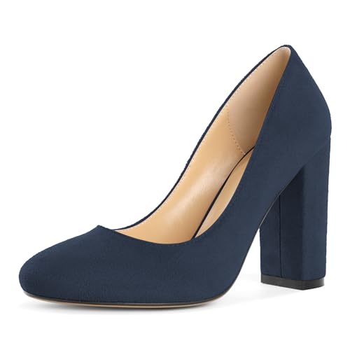 Elashe Damen 10 cm Blockabsatz Slip-On Pumps Runde Zehe Mattleder Großartig für Hochzeiten Gala Casual Arbeit Modische Damen High Heels Wildleder Marineblau EU38 von Elashe