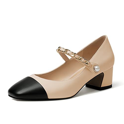 Elashe Damen Blockabsatz Pumps 2'' Block Heels Quadratischer Zehen Pumps Klassische Mary Jane Schuhe Beige EU38 von Elashe