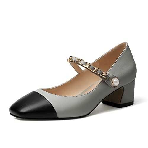 Elashe Damen Blockabsatz Pumps 2'' Block Heels Quadratischer Zehen Pumps Klassische Mary Jane Schuhe Grau EU37 von Elashe