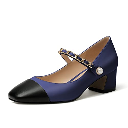 Elashe Damen Blockabsatz Pumps Klassische Mary Jane Abendschuhe 2'' Block Heels Dunkelblau EU39 von Elashe