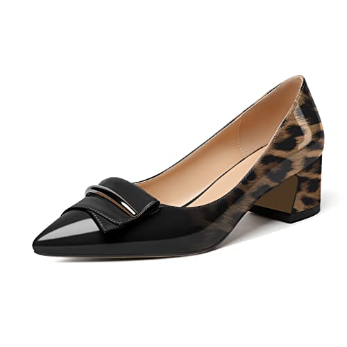 Elashe Damen Blockabsatz Pumps Slip on Spitze Zehen 5CM Block Heel Pumps Leopard Schwarz EU36 von Elashe