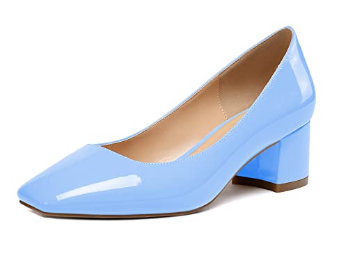 Elashe Damen Blockabsatz Quadratischer Zehe Pumps, Klassische Geschlossene Zehe Slip-on 2'' Pumps Lackleder HellblauEU39 von Elashe