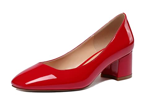 Elashe Damen Blockabsatz Quadratischer Zehe Pumps, Klassische Geschlossene Zehe Slip-on 2'' Pumps Lackleder RotEU41 von Elashe