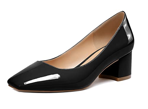 Elashe Damen Blockabsatz Quadratischer Zehe Pumps, Klassische Geschlossene Zehe Slip-on 2'' Pumps Lackleder SchwarzEU39 von Elashe