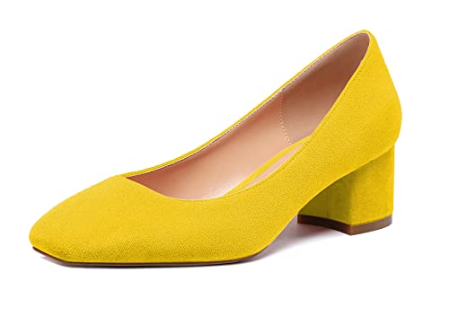 Elashe Damen Blockabsatz Quadratischer Zehe Pumps, Klassische Geschlossene Zehe Slip-on 2'' Pumps Wildleder GelbEU40 von Elashe