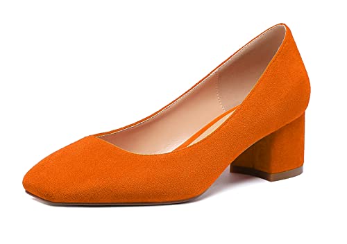 Elashe Damen Blockabsatz Quadratischer Zehe Pumps, Klassische Geschlossene Zehe Slip-on 2'' Pumps Wildleder OrangeEU38 von Elashe