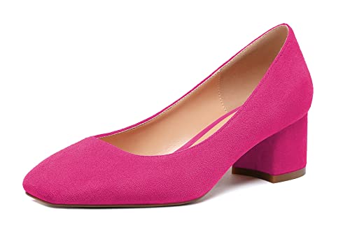 Elashe Damen Blockabsatz Quadratischer Zehe Pumps, Klassische Geschlossene Zehe Slip-on 2'' Pumps Wildleder RosenrotEU39 von Elashe