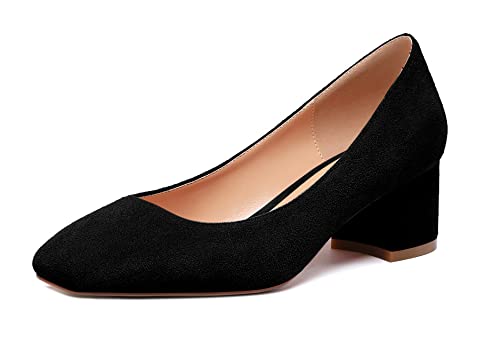 Elashe Damen Blockabsatz Quadratischer Zehe Pumps, Klassische Geschlossene Zehe Slip-on 2'' Pumps Wildleder SchwarzEU45 von Elashe