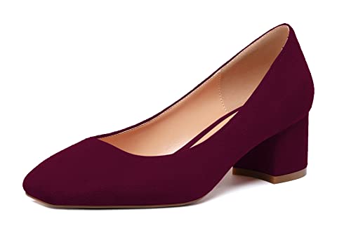 Elashe Damen Blockabsatz Quadratischer Zehe Pumps, Klassische Geschlossene Zehe Slip-on 2'' Pumps Wildleder WeinrotEU38 von Elashe