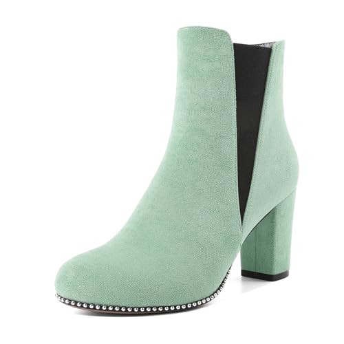 Elashe Damen Chelsea Boots mit Blockabsatz Frauen Stiefel Runde Zehen Kniehohe Stiefeletten Wildleder Schuhe 8.5CM Mintgrün EU39 von Elashe