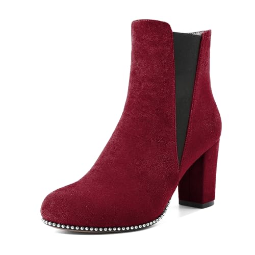 Elashe Damen Chelsea Boots mit Blockabsatz Frauen Stiefel Runde Zehen Stiefeletten Wildleder Schuhe 8.5CM Burgund EU40 von Elashe